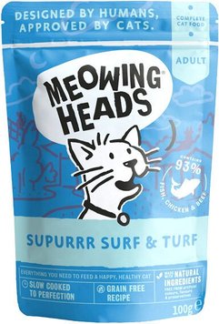 Пауч для дорослих котів Meowing Heads SUPPURR SURF & TURF з сардинами, тунцем, куркою та яловичиною, 100 г