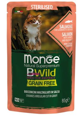 Мonge Сat Вwild Grain Free wet Sterilised Salmon Shrimps Vegetables - Влажный корм для стерилизованных кошек и кастрированных котов лосось, креветки, овощи 85 г