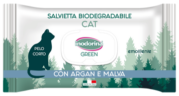 Inodorina Green Emolliente con argan e malva біорозкладні вологі серветки для короткошерстних котів з мальвою та аргановим маслом, 30 шт