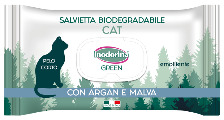 Inodorina Green Emolliente con argan e malva біорозкладні вологі серветки для короткошерстних котів з мальвою та аргановим маслом, 30 шт