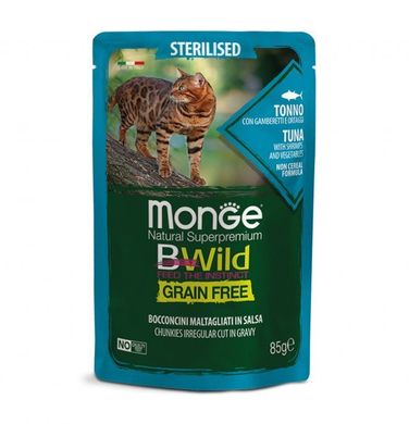 Мonge Сat Вwild Grain Free wet Sterilised Tuna Shrimps Vegetables - Влажный корм для стерилизованных кошек и кастрированных котов тунец, креветки, овощи 85 г