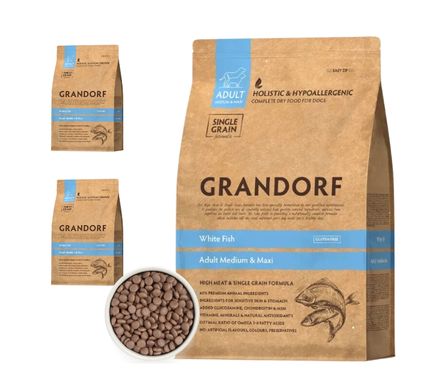 Grandorf White Fish Adult Medium and Maxi Breeds - Грандорф сухий комплексний корм для дорослих собак середніх та великих порід з рибою 3 кг (3 упаковки по 1 кг)