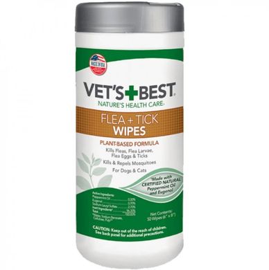 VET`S BEST Flea Tick Wipes - Вологі серветки, просочені натуральними маслами від комах для собак, 50 шт