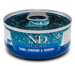 Farmina N&D Grain Free Ocean Tuna, Sardine & Shrimp - Консервы для взрослых кошек с тунцом, сардиной и креветкой 70 г