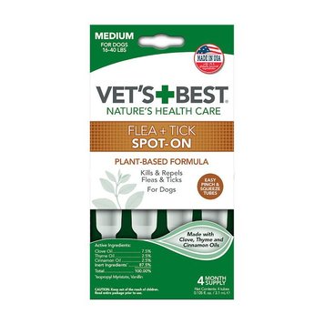 VET`S BEST Flea & Tick Spot On Tubes Small - Средство от блох и клещей для собак, 4 пипетки от 18 кг