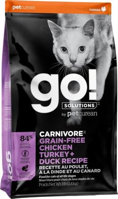 GO! Carnivore Grain Free Chicken, Turkey + Duck Recipe Cat Formula - Гоу! Сухий корм для кошенят і кішок з куркою, індичкою та качкою 7,3 кг + 1,4 кг в подарунок