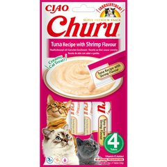 INABA Churu - Ласощі для котів вершковий мус у стіках з тунцем та креветками 4 x 14 г