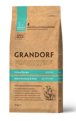 Grandorf 4 Meat Recipe Adult Medium & Maxi Breeds - Грандорф сухой комплексный корм для взрослых собак средних и крупных пород 4 вида мяса и бурым рисом 10 кг