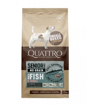 Quattro Dog Senior & Diet Small Breed Fish - Сухой беззерновой корм для пожилых собак мелких пород и склонных к полноте с крилем и белой рыбой 1,5 кг