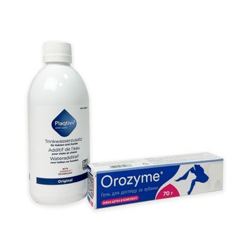 Гель для собак і котів Orozyme для боротьби з проблемами зубів та ясен, 70 г + Засіб для догляду за пащею собак та котів Plaqtiv+ Water Additive, 500 мл