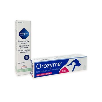 Гель для собак і котів Orozyme для боротьби з проблемами зубів та ясен, 70 г + Спрей для догляду за пащею собак Plaqtiv+ Oral Care Oral Spray, 60 мл