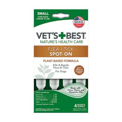 VET`S BEST Flea & Tick Spot On Tubes Small - Средство от блох и клещей для собак, 4 пипетки от 7 кг до 18 кг