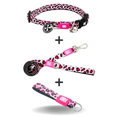 Комбо подарунок Брелок Smart ID Cat Collar Leopard Pink/1 size + Short Leash Leopard Pink/XS + Key Ring Leopard Pink/Tag