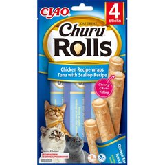 INABA Churu Rolls - Ласощі для котів з куркою, тунцем та морським гребінцем 4 x 10 г