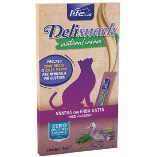 LifeCat Deli Snack Natural Cream - Ласощі крем-снек на основі м'яса качки та котячої м'яти, 6 штук по 15 г