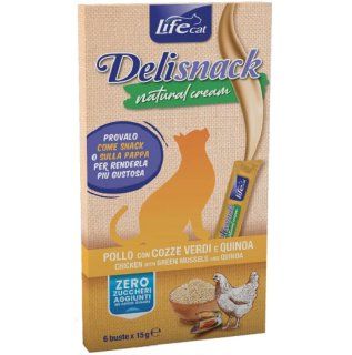 LifeCat Deli Snack Natural Cream - Ласощі крем-снек на основі м'яса курки з мідіями та кіноа, 6 штук по 15 г
