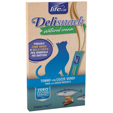 LifeCat Deli Snack Natural Cream - Ласощі крем-снек на основі м'яса тунця та мідій, 6 штук по 15 г