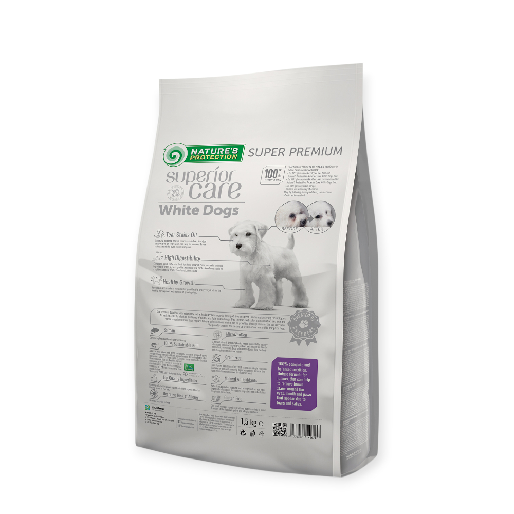 Nature's Protection Superior Care White Dogs Grain Free Junior All, з лососем - 1,5 кг