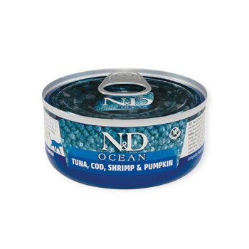 Farmina N&D GF Ocean Tuna, Cod, Shrimp & Pumpkin корм, с тунцем, креветкой и тыквой - 70 г