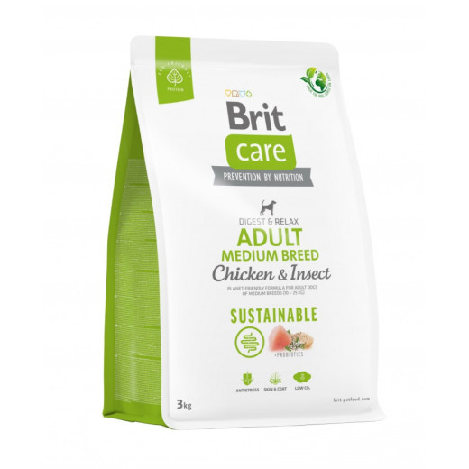 Brit Care Sustainable Adult Medium для собак средних пород, с курицей и насекомыми - 3 кг