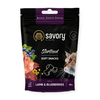 Savory Cat Sterilised Soft Snack для стерилизованных кошек, с ягненком и черникой - 50 г