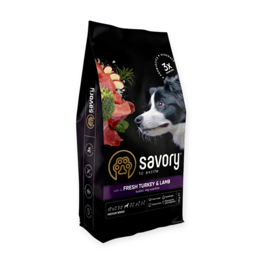 Savory Dog Medium Fresh Turkey & Lamb корм для собак середніх порід, з індичкою та ягням - 12 кг