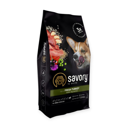 Savory Dog Adult Sterilised Fresh Turkey корм для стерилізованих собак, з індичкою - 12 кг