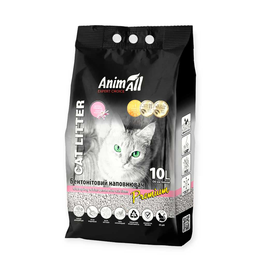 AnimAll белый бентонитовый наполнитель, с ароматом детской присыпки - 10 л