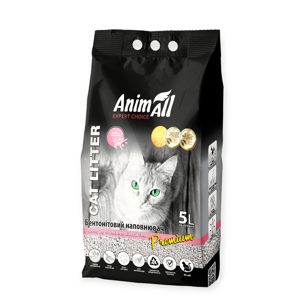 AnimAll белый бентонитовый наполнитель, с ароматом детской присыпки - 5 л
