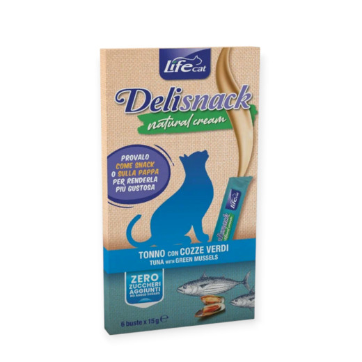 Lifecat Deli Snack Natural Cream кремові ласощі, з тунцем та зеленими мідіями - 15 г х 6 шт