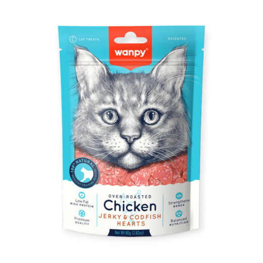 Wanpy Chicken Jerky & Codfish Hearts ласощі для котів, сердечка з куркою та тріскою - 80 г