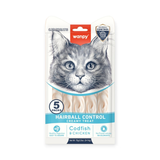Wanpy Functional Creamy Treat Hairball ласощі для котів, з куркою та рибою - 14 г х 5 шт