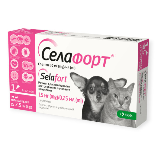 Селафорт Спот-он краплі від бліх, кліщів та глистів для котів та собак вагою до 2,5 кг