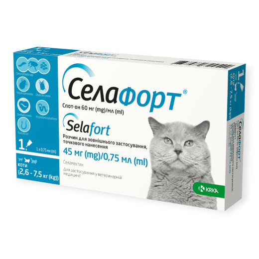 Селафорт Спот-он краплі від бліх, кліщів та глистів для котів вагою 2,6 - 7,5 кг
