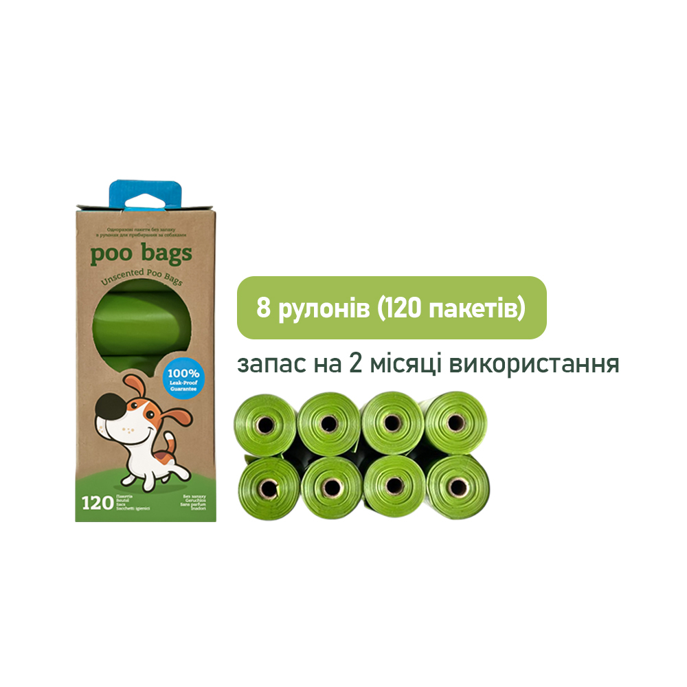 Poo Bags біорозкладні гігієнічні пакети, без аромату - 8 рулонів