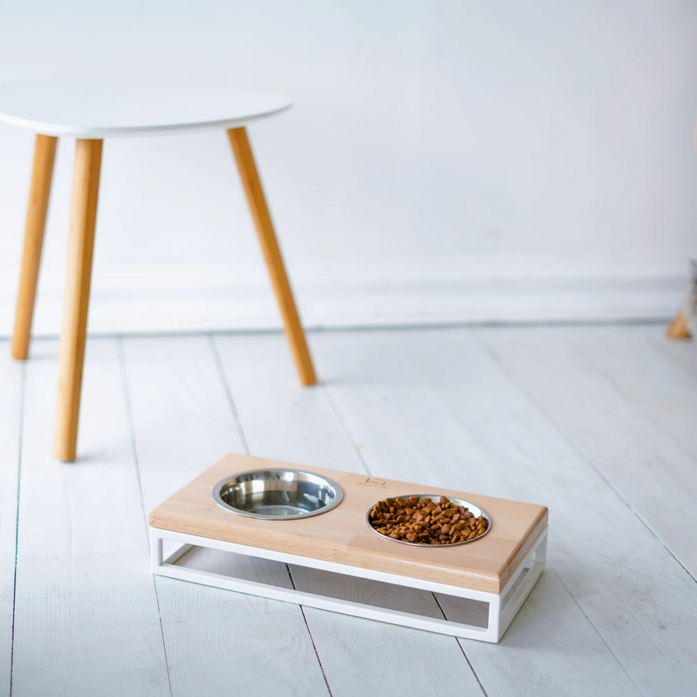 Harley & Cho Lunch Bar Natural Wood & White миски на підставці для собак та котів, білий - 450 мл