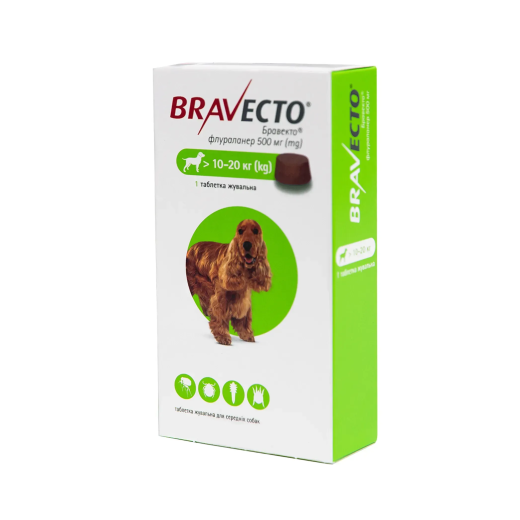 Bravecto таблетки від бліх та кліщів для собак вагою 10-20 кг - упаковка