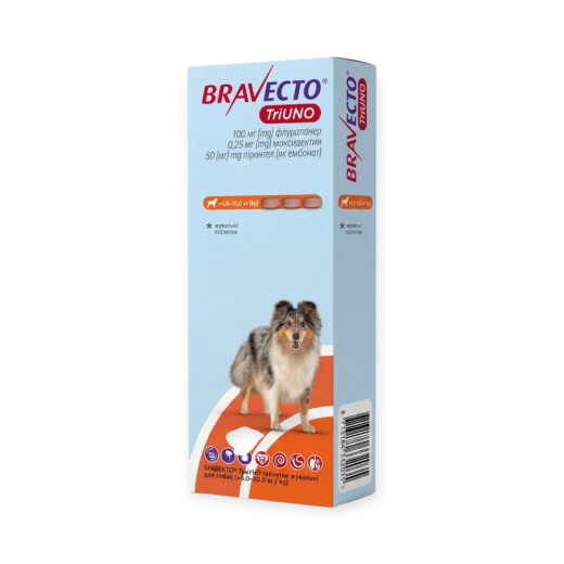 Bravecto TriUNO таблетки від бліх та кліщів для собак вагою 5-10 кг - упаковка
