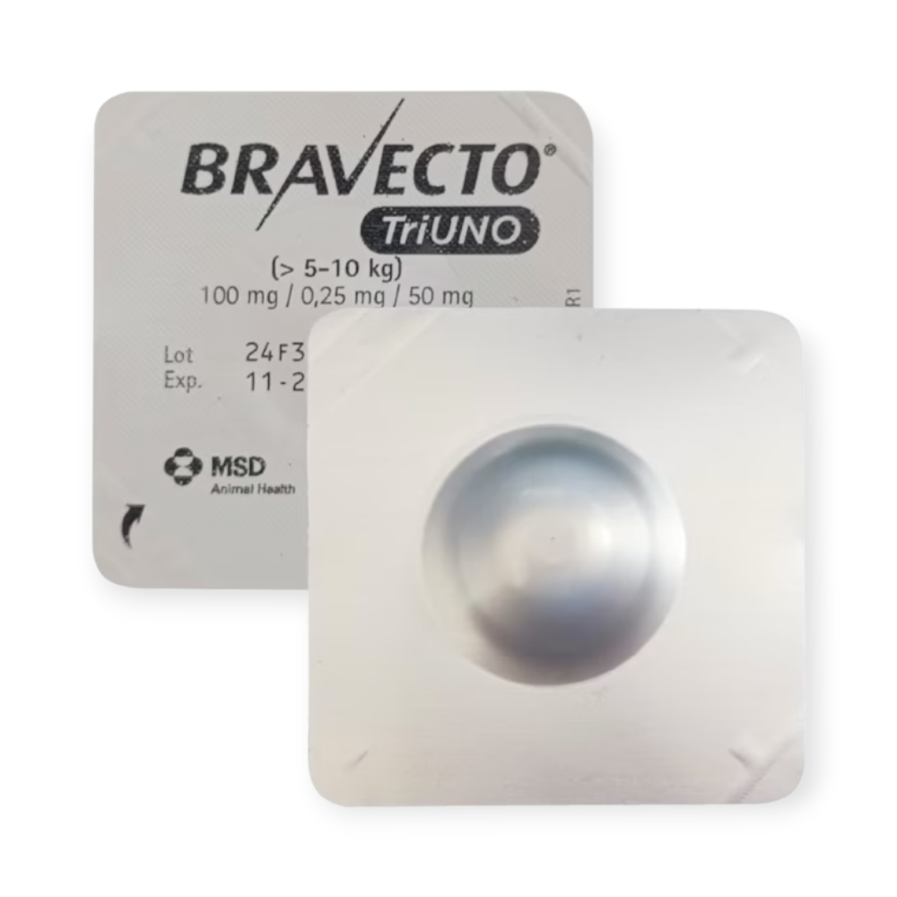 Bravecto TriUNO таблетки від бліх та кліщів для собак вагою 5-10 кг - упаковка