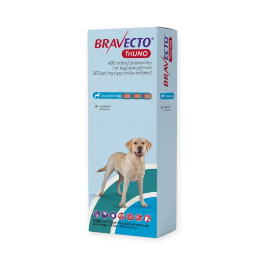 Bravecto TriUNO таблетки від бліх та кліщів для собак вагою 20-40 кг - упаковка