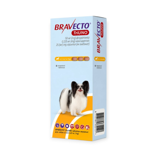 Bravecto TriUNO таблетки від бліх та кліщів для собак вагою 2.5-5 кг - упаковка