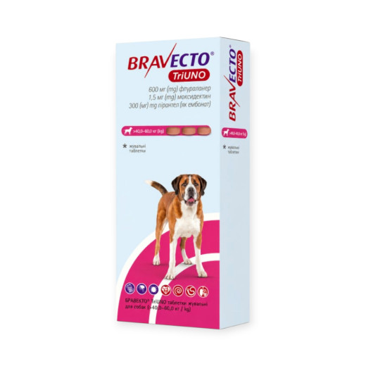 Bravecto TriUNO таблетки від бліх та кліщів для собак вагою 40-60 кг - упаковка